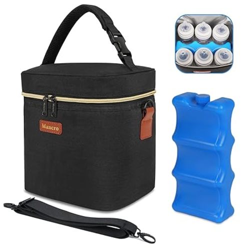 Mancro Breastmilk Cooler Bag with Ice Pack, Insulated Bottle Bag for 6 Baby Bottles (Up to 9 Ounce) with Shoulder Strap for Nursing Moms on The Go or Daycare, Dark Grey