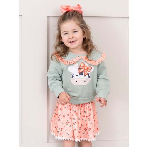 Mint & Coral Embroidered Cow Floral Ruffle Outfit w/ Skirt