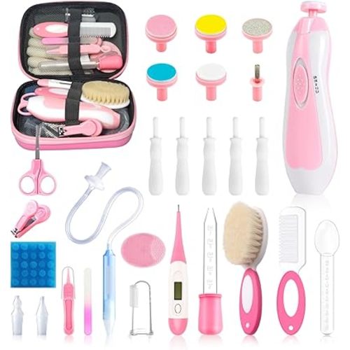 28 in 1 Baby Healthcare and Grooming Kit, Infant Baby Nursery Kit Electric Nail Trimmer Set with Gas Colic Passer Nasal Aspirator Nail Clipper Hair Brush Comb for Newborn Girls Boys (Pink)