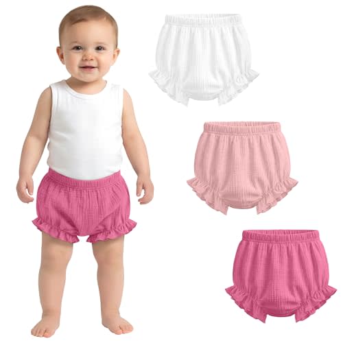 3 Pack 100% Cotton Toddler Bloomers | Diaper Covers, Baby Girls Boys Ruffled Shorts, Cute Summer Underwear, for Toddler Baby Ages 6M-4T