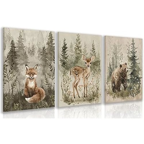 kilamino Framed Woodland Animal Nursery Wall Art, Cute Fox Bear Deer Wall Decor, Neutral Wildlife Animal Art Prints, Funny Nature Forest Animal Canvas Paintings for Baby Room Playroom 12"x16"x3