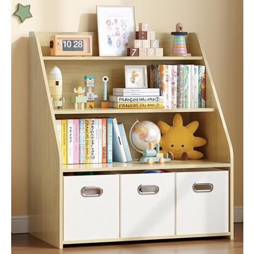 Kids Bookshelf with 3 Drawers, 4-Tier Toy Storage Organizer, Wooden Toddler Book Shelf for Nursery, Bedroom, Playroom, Classroom