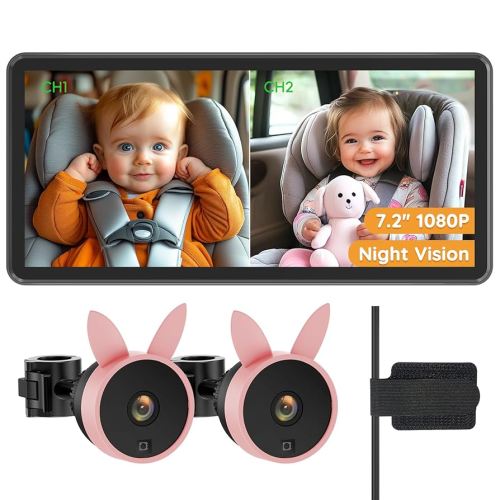 BV3 PRO Baby Car Camera for 2 Kids - 7.2" Large HD Display Dual Channel Baby Monitor, 1080P IR Night Vision Car Seat Camera, Easy Install Rear-Facing View – Ideal for Kids and Pet Safety
