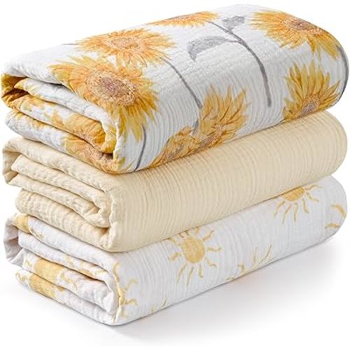 Muslin Swaddle Blankets for Newborn, 3 Pack Breathable Soft Receiving Blanket, Large 38 x 40 inches Swaddle Wrap Burping Clothes, Essentials Infant Shower Items, Toddler Gift (Sunflower, 3 Pack)