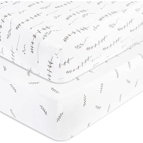 Pack and Play Sheet 2 Pack - Pack and Play Sheets Fitted with 100% Jersey Cotton - Pack N Play Mattress Sheets for Boys and Girls, Newborn Essentials (Neutral Forest Grey Floral and Leaves)