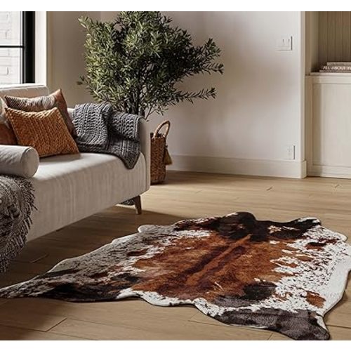 NativeSkins Faux Cowhide Rug – Original Brown (Small) | 3.1ft x 4.1ft | Cow Print | Western Bedroom Decor | Hand-Cut, Faux Suede No-Slip Backing | Western Rug | Animal Print Rug | Cow Hide