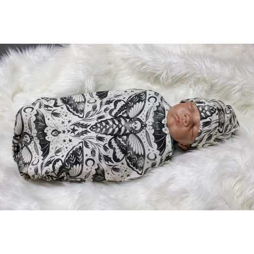 Gothic Baby Clothes, Watercolor Deathshead Hawk Moth Bat & Spiders on Cream Snuggly Cotton Knit Swaddle with Hat Band, Newborn Romper