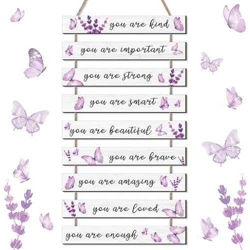 9 Pcs Butterfly Wooden Hanging Wall Art - Purple Butterfly Decor - Inspirational Flower - Room Wall Decor Signs for Women, Bedroom, Living Room, Kitchen, Office