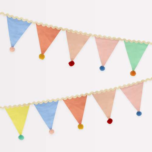 Meri Meri Pastel Pom Pom Flag Garland (Pack of 1). Garland length is 6'. Measures 10' including excess cord.