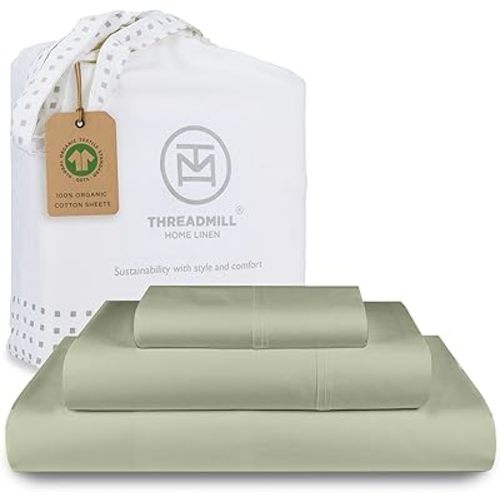 Threadmill 100% Organic Cotton Twin Sheet Set - GOTS Certified, 3 Piece, Sage Green - Soft and Breathable Sheets with All-Round Elastic Deep Pocket for Snug Fit, Healthy Bedding Set