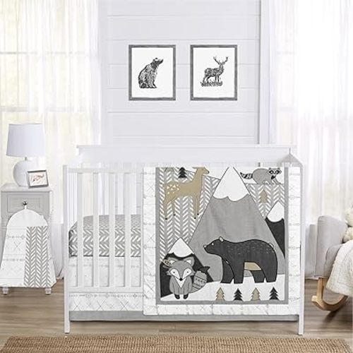 Sweet Jojo Designs Beige, Grey and White Boho Mountain Animal Gray Woodland Forest Friends Baby Unisex Boy or Girl Nursery Crib Bedding Set - 4 Pieces - Deer Fox Bear