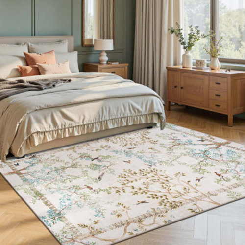 Bungalow Rose Floral Rug Botanical Birds Print Nature Plants Washable Non-slip & Reviews | Wayfair