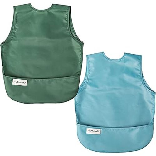 Tiny Twinkle Mess Proof Baby Bibs | 2 Pack Waterproof Toddler Bib for Eating | Baby Apron for Feeding, Machine Washable, Perfect Shower Gift (Slate Olive, 6–24M)