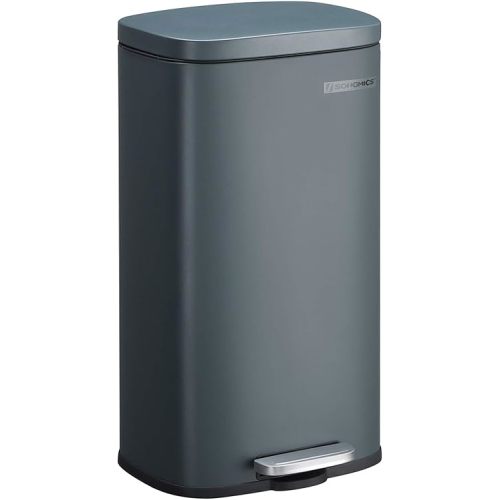 SONGMICS Trash Can with Lid, 8 Gallon Garbage Can, Stainless Steel Small Waste Bin with Step Pedal and Inner Bucket, Soft Close, Kitchen, Greenish Gray ULTB102G01