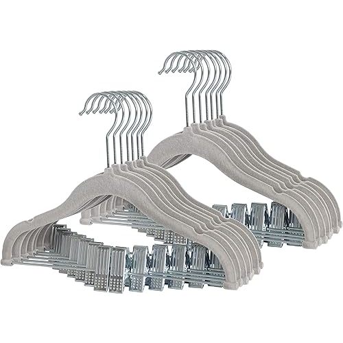 Finnhomy Non-Slip Clothes Hangers for Baby and Kids 20-Pack Velvet Hangers with Movable Clips, Heavy-Duty and Space-Saving for Pants,Skirts, Coat, Gray