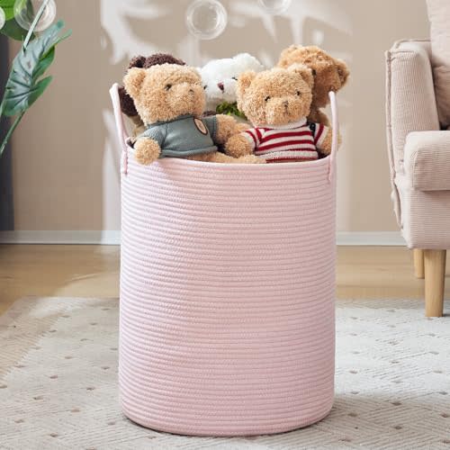 YOUDENOVA Woven Rope Laundry Hamper, 58L Tall Luandry Basket, Baby Nursery Hamper for Blanket Storage in Bedroom-Large-Pink