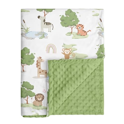 Baby Blankets for Neutral, Green Animals, 30x40 | Soft Cozy Fleece Receiving Blanket for Newborn & Toddler, 3D Minky Dotted Backing, Breathable for Crib, Stroller & Tummy Time