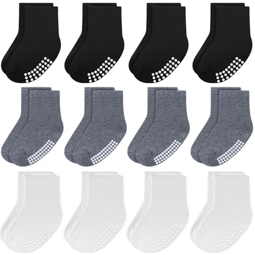 JAKIDAR 12 Pack Baby Toddler Socks Non Slip Grip Cotton Crew Socks for Boys Girls Infants Kids