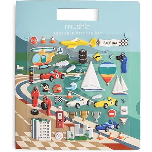 mushie Reusable Sticker Book Set (Race Cars) | 100+ Removable Puffy Stickers | Arts & Crafts Activity for Kids | Ages 3+