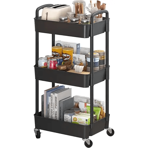 Sywhitta 3-Tier Plastic Rolling Utility Cart with Handle, Multi-Functional Storage Trolley for Office, Living Room, Kitchen, Movable Storage Organizer with Wheels, Black