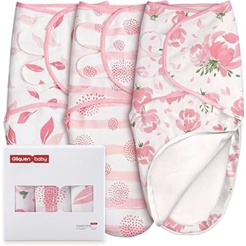 GLLQUEN BABY Baby Swaddle Sleep Sacks with Zipper - 3-Pack Newborn Swaddle Sack, Baby Swaddles Sleep Sack 0-3 Months,Pink Floral or Leaves, Swaddling Blankets 3 Pack Wrap Set, Easy Change Swaddle
