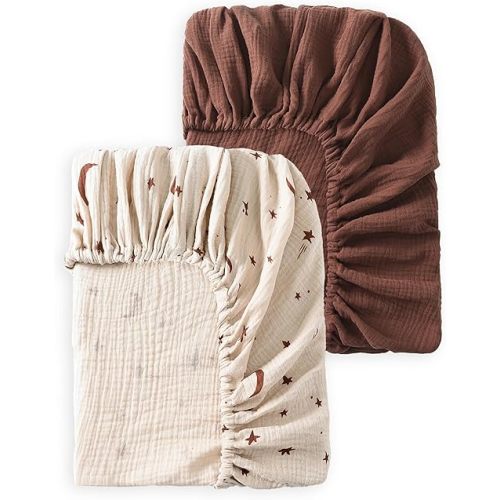 Baby Crib Sheets 2 PCS, 100% Organic Cotton Crib Sheet for Standard Crib Mattress(52”x 28”), Fitted and Soft Breathable Muslin Crib Mattress Sheet for Girl and Boy (Star, Brown)