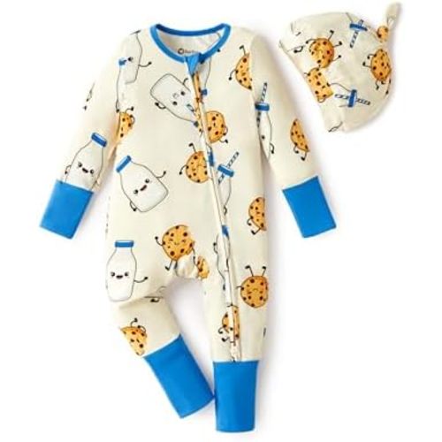 Baby Girl Boy Footie Clothes, Bamboo Viscose, 2-Way Zipper, Fold-Over Mittens & Cuffs with Hat/Headband