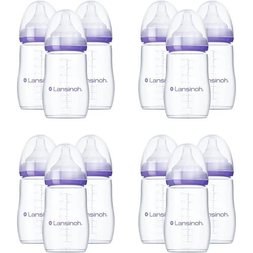 Lansinoh Anti-Colic Baby Bottles, BPA-Free Plastic, 8 Ounces, Medium Flow Nipples (Size M), Breastfeeding Bottle with NaturalWave Design, Baby Essentials (Pack of 12)