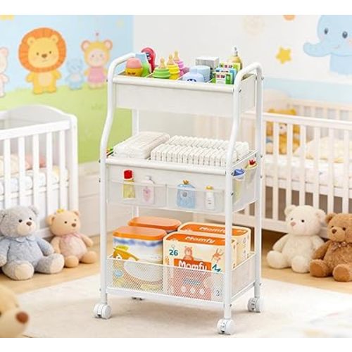Diaper Caddy Organizer 3-Tier Rolling Cart, Metal Utility Cart with 4+2 Dividers & Lockable Silent Casters, Mobile Storage Cart for Nursery Essentials, Multi-Purpose for Kidsroom Changing Table