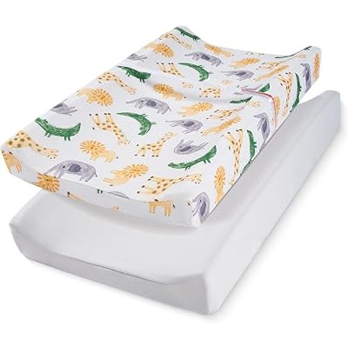 TILLYOU Baby Changing Pad Cover, Changing Table Cover for Girls Boys, Ultra Soft Breathable, 2 Pack African Steppe & Grey