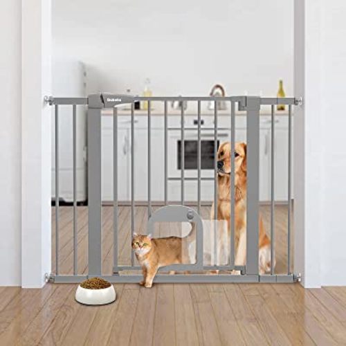 Babelio Upgraded Baby Gate with Cat Door, 29-43" Auto Close Durable Dog Gate for Stairs, Doorways and House, Easy Walk Thru Safety Gate with Pet Door includes 4 Wall Cups, Gray