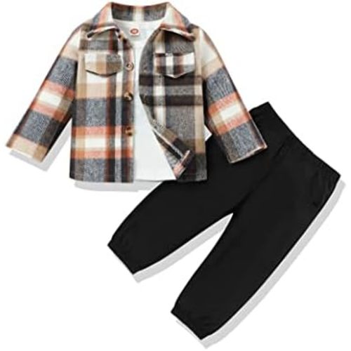 3Pcs Toddler Baby Boy Outfits Plaid Flannel Shirt+T Shirts+Pants 6M-5T