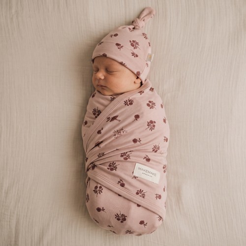 Organic Swaddle Blanket & Hat Set - Rosebud