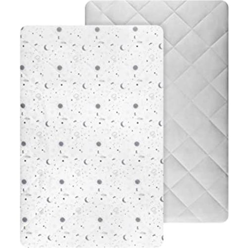 TILLYOU Pack and Play Sheets Pad 2 Pack - Waterproof Play Yard Playpen Sheets Pad, Soft Quilted Sheets with 1''-3'' Deep Pocket, Breathable and Fluffy, The Little Sun Print & Light Grey
