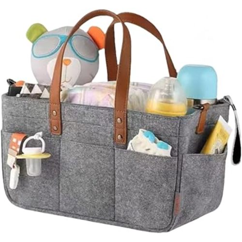 Baby Diaper Caddy Organizer, Nursery Storage Basket for Diaper Station, Baby Basket Shower Gifts List and Registry Must-Haves, Newborn Essentials, Nursery Decor for Boy or Girl (Dark Grey)