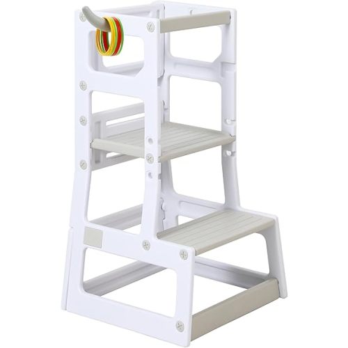 SDADI Adjustable Height Kids Kitchen Step Stool with Removable Safety Rails and Anti-Slip Protection- Toddler Standing Tower with with Ring Toss for Learning and Playing (Beige and Light Grey)