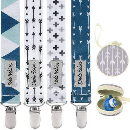 Dodo Babies Pacifier Clip Set - Four Clips Plus Binky Case - Universal Holder Fits Most Paci Brands, Teether Toys