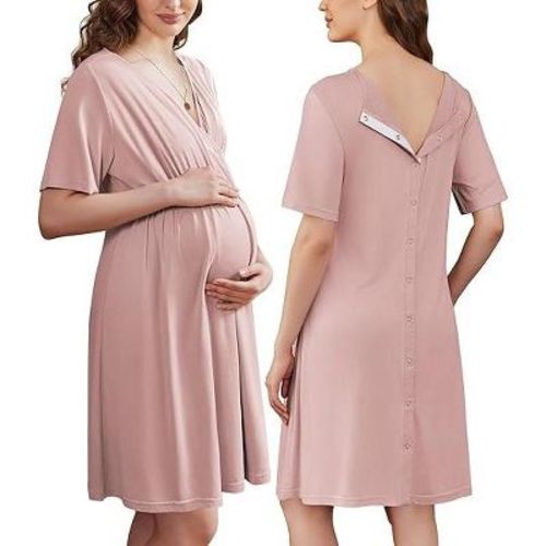 Ekouaer Labor and Delivery Gown for Hospital Short Sleeve Maternity Nursing Dress Nightgown with Button