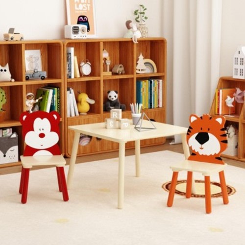 HOMEFUN Kids Table and 2 Chairs Set, 3 Pieces Toddler Table and Chair Set, Wooden Activity Play Table Set£¬Bear&Tiger