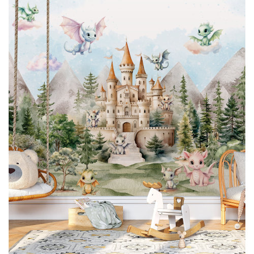Dragon Nursery Wallpaper Fairy Castle Wall Art Sky And Clouds Forest Trees Wall Mural For Kids Woodland Watercolor Peel and Stick