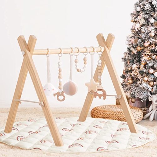 Wooden Baby Gym with 6 Baby Toys, Foldable Baby Play Gym with Rainbow Round Mat, Play Gym Frame Activity Gym Hanging Bar, Baby Gym Activity Center for Newborn, Gift Baby Girl and Boy Gym - Play Gym with Rainbow Mat