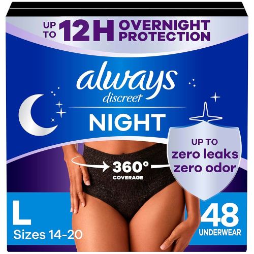Always Discreet Overnight Adult Incontinence & Postpartum Bladder Leak Underwear for Women, Disposable, Large, 48 Count (3 Packs of 16)