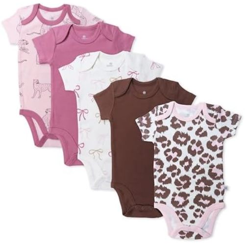 HonestBaby baby-girls 5-pack Short Sleeve Bodysuits One-piece 100% Organic Cotton for Infant Baby Girls