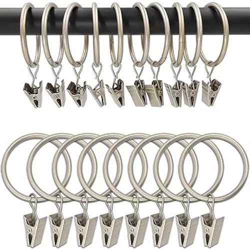 100 Pack Matte Silver Curtain Rings with Clips, Curtain Hooks Hangers Clip Rings for Hanging Drapes Bows Hat, Drapery Rings 1.5 in I D, Fits up to 1.2 in Diameter Curtain Rod.