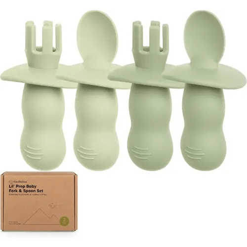 KeaBabies 4pk Silicone Baby Spoons and Forks Set (Sage)