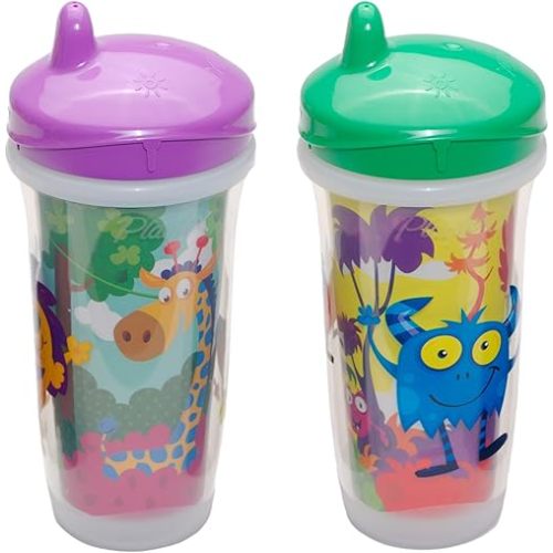 Playtex Baby Sipsters Stage 3 Hard Spout Cups, Jungle Look and Monster Madness 3D Graphics, 9 Oz, 2 Count - Spill-Proof, Leak-Proof, and Insulated
