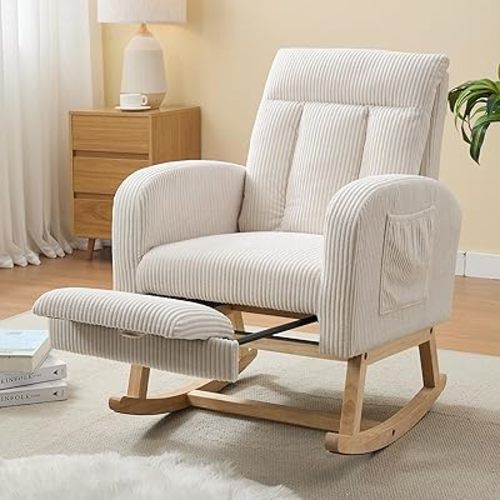 NIOIIKIT Nursery Rocking Chair, Corduroy Upholstered Rocking Chair with Adjustable Footrest, Tufted Rocker Chair with Side Pocket, Glider Rocker for Living Room, Bedroom (Casual, Cream)