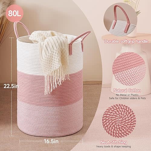 Pink Laundry Hamper - Round Storage Rope Basket - 16.5x22.5 Inches - Pink Hamper in Bedreoom and Cute Storage Bin for Blankets, Toys, and Nursery Essentials