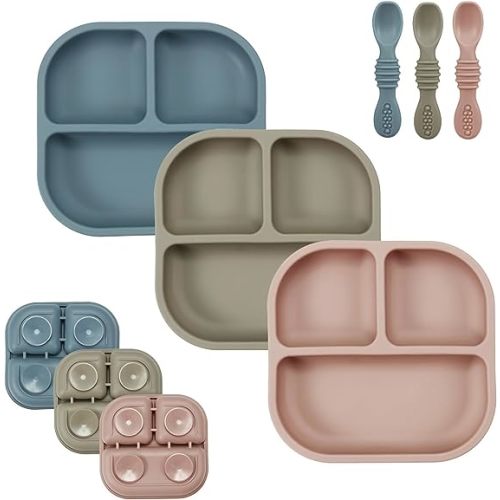 PandaEar 3 Pack Baby Plates with Suction and 3 Spoons, Silicone Toddler Plates for Baby Toddlers Infant Kids, Divided Plate Toddler Suction Plates, Non-Slip, Non-Toxic, BPA Free (Blue Red Brown)