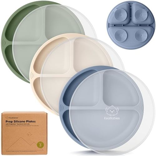 KeaBabies Suction Plates with Lids for Baby - 3-Pack 100% Silicone Suction Plates for Baby, Kids,Toddler Plates,Divided Baby Plates with Suction,Lids, BPA-Free, Microwave, Dishwasher Safe (Slate) - With Lids